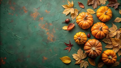 Fototapeta premium Fall flat lay frame made of pumpkins and dried leaves on olive green background