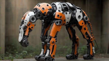 A robotic dog sculpture made of mechanical parts in an outdoor setting.