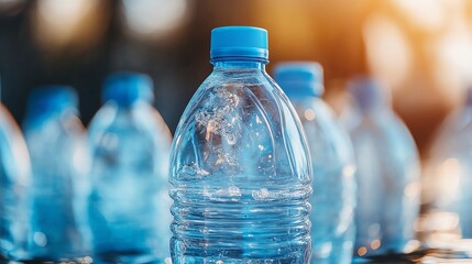 Cleared fresh water bottle with blue cap isolated on white background.