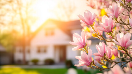 Vibrant pink magnolia flowers are in full bloom,catching warm sunlight,with a charming house visible in background on a lovely spring day,copy space