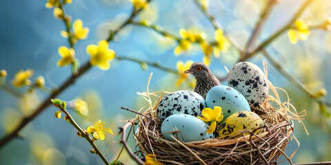 a bird in a nest with eggs, Natural Habitat: Bird Nest with New Life, 