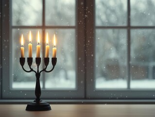 Fototapeta premium Hanukkah menorah in front of a window with snow falling outside, peaceful winter scene, warm light