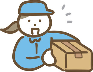 笑顔で段ボール箱を抱えている作業員の若い女性(上半身)