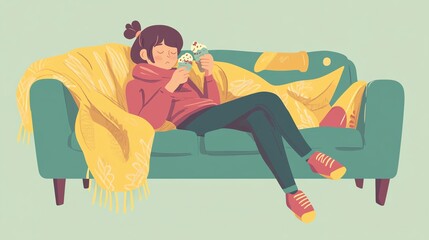 Obraz premium Cozy illustration of a girl relaxing on a couch with a blanket and drink.