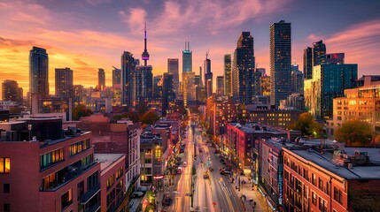 Obraz premium A vibrant sunset over a bustling city skyline, showcasing modern architecture and lively streets illuminated by evening lights.
