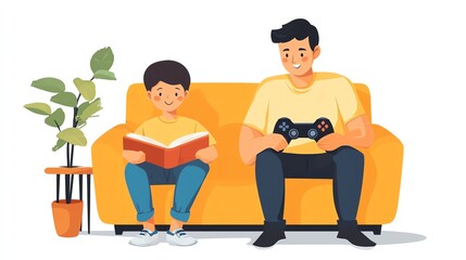 Father and son enjoying leisure time together with gaming and reading on a cozy couch.