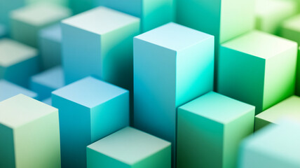 Obraz premium Layered 3D cubes in gradient of blue and green create visually striking abstract composition. interplay of colors and shapes evokes sense of depth and modernity