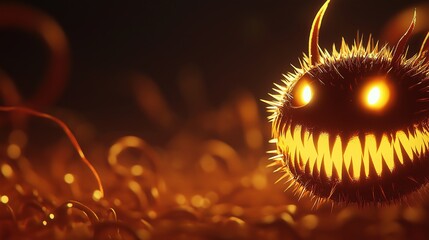 Furry monster with glowing eyes and sharp teeth in a dark backdrop, Halloween.