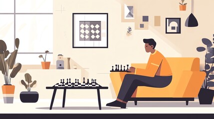 Fototapeta premium Person playing chess on a cozy couch in a stylish, modern living room with plants and artwork.