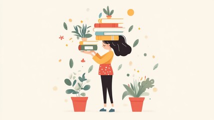 Woman balancing books and plants, surrounded by nature, celebrating knowledge and growth.