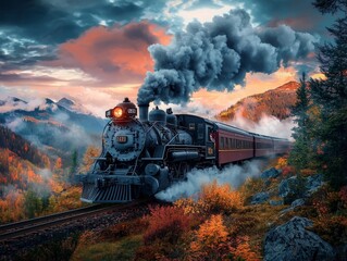 Fototapeta premium Dramatic Train Roaring Through Scenic Mountain Landscape