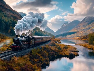Fototapeta premium Dramatic Train Roaring Through Mountain Scenery