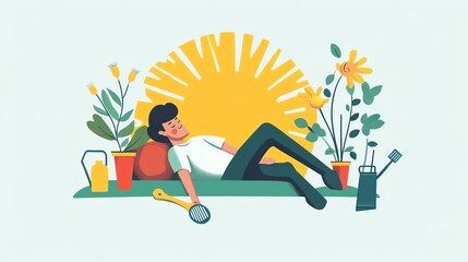 Fototapeta premium A cheerful person relaxing among flowers and tools in a garden under a bright sun.