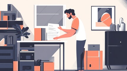 A man organizing documents at a modern workspace, showcasing productivity and office environment.