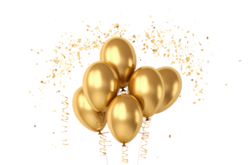 Bright golden balloons shaped as 2025 with confetti and streamers isolated on white background