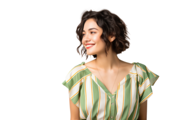 Casual portrait of a woman in a summer outfit looking over her shoulder with a playful expression against a clean white background.