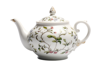 Classic porcelain teapot with intricate floral patterns isolated on white background