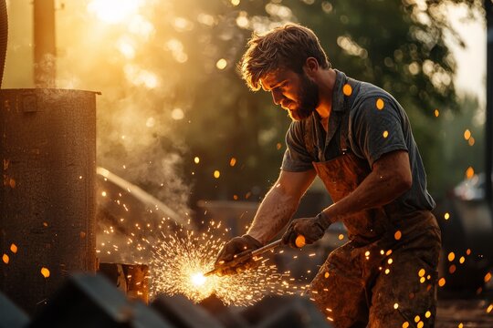 Worker Cutting Metal with Blowtorch Producing Sparks - Powered by Adobe