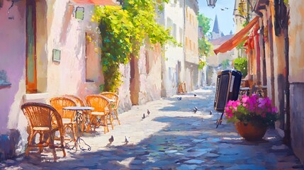 Obraz premium Oil painting style streets of a European town in the afternoon