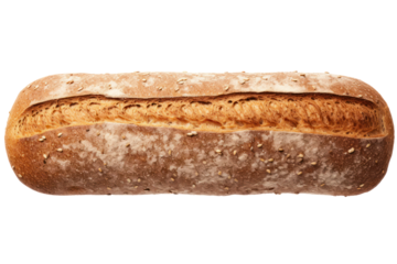 Close-up of a whole rye bread loaf covered with sesame seeds, highlighting its texture, isolated on a white background