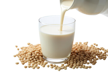 Close-up of soy milk pouring into a glass with soybeans in the background isolated on white background