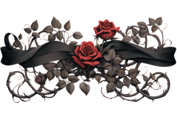 Dark floral ribbon adorned with intricate rose patterns intertwined with delicate vines on a white background