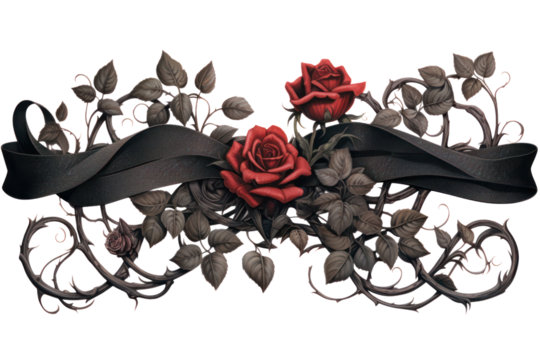 Dark floral ribbon adorned with intricate rose patterns intertwined with delicate vines on a white background