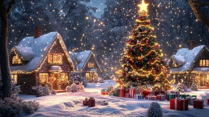 A festive Christmas scene with colorful decorations, snow-covered village houses