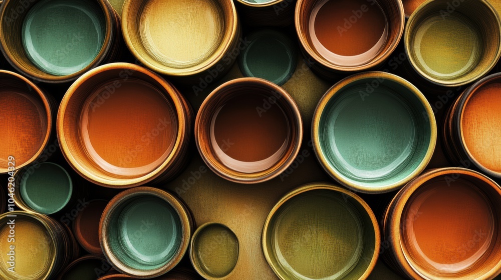 Leinwandbilder a cozy collection of circular tea cups showcases warm brown and green tones, creating a harmonious a