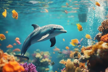 Underwater World with Dolphins and Colorful Corals