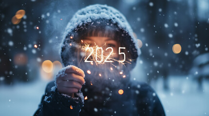 New Years Eve scene with a person holding a 2025 sparkler. The snowflakes falling around reflect the joy and celebration of welcoming the new year outdoors. Image made using Generative AI.