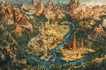 Naklejka premium Detailed Fantasy Map of Enchanted Forests and Mountains