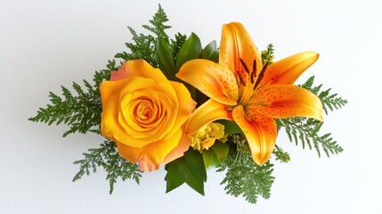 Obraz premium Bright Yellow Rose and Lily Floral Arrangement