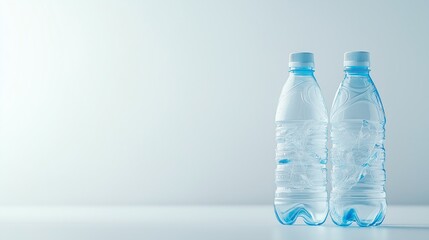 Two clear plastic water bottles on a minimalist background.