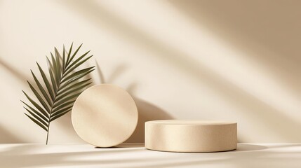 two matte round podiums in beige tones, one placed behind the other, with a palm leaf casting a shadow, adding a touch of nature to the clean, minimalistic 3D rendering