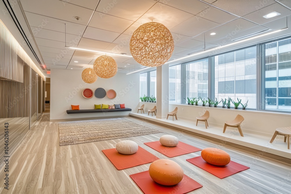 Wall mural A dedicated wellness room in the office with yoga mats and meditation cushions. Employees take time to recharge and focus on their well-being