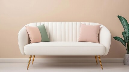 Sleek creamcolored sofa with gold legs, paired with pastel cushions in a cozy, cute living room, sofa, modern elegance and charm
