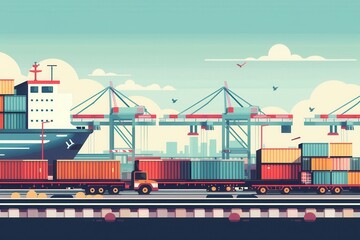 Containers are being transferred from a ship to a truck at a busy transport hub, showcasing efficient logistics operations. Generative AI