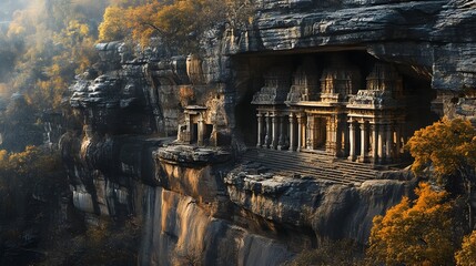 Magnificent Ancient Rock Cut Temples in Autumn Landscape