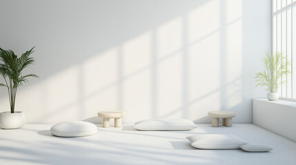 Fototapeta premium Meditation space concept,tranquil indoor setting showcases soft white cushions and potted plants,illuminated by natural light filtering through large windows,creating a peaceful atmosphere,copy space