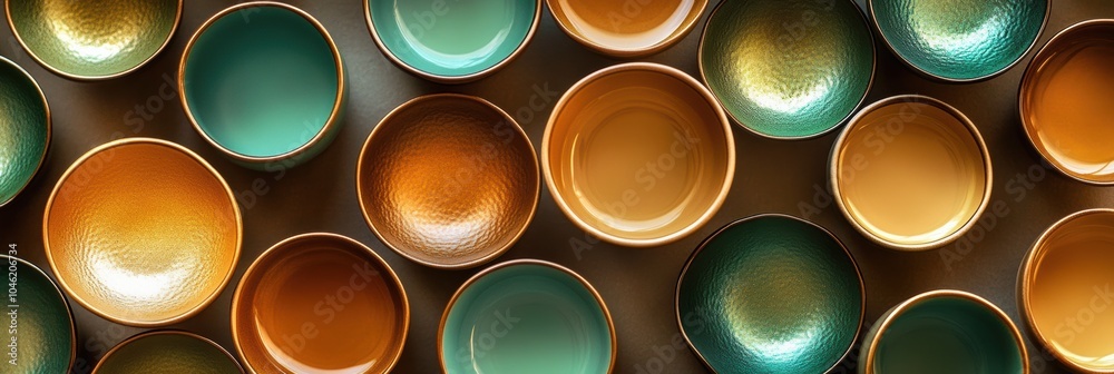Poster warm brown and green circular tea cups are neatly arranged on a flat surface, inviting a comforting 