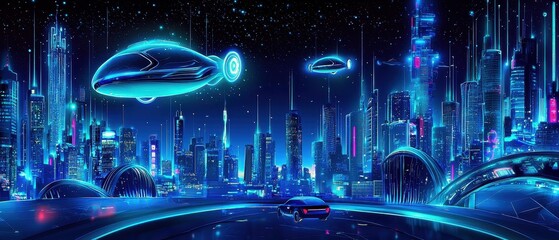 Obraz premium Vibrant Futuristic Cityscape with Flying Cars and Neon Lights