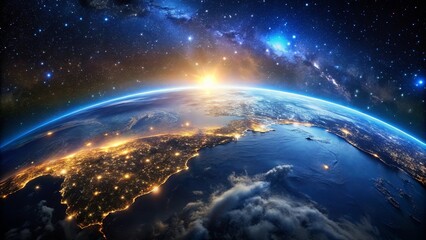 A celestial panorama capturing the Earth's curvature, a celestial tapestry of twinkling stars, and a radiant sunrise illuminating the horizon.