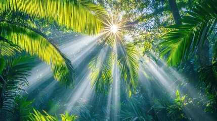 Obraz premium Sunlight Through Lush Tropical Rainforest Canopy