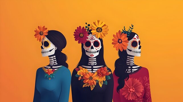 Colorful Catrinas with Skull Makeup and Traditional Dresses Adorned with Autumn Leaves and Flowers