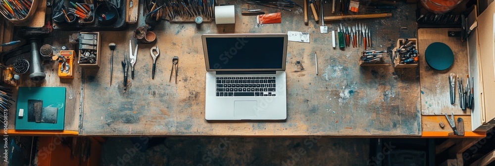 Leinwandbilder The workspace features a laptop surrounded by an array of tools on a rustic wooden table illuminated by natural light. Generative AI