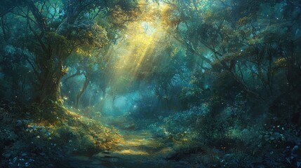 Ethereal Light Beams in Mystical Forest Scene