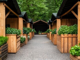Naklejka premium Rustic openplan rural market with wooden stalls and gravel paths, nestled in a wooded area near farms, rural market, simple and natural