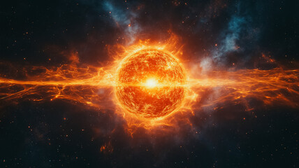 Fototapeta premium A bright orange sun is surrounded by a glowing orange cloud. The sun is the center of the image and the cloud is surrounding it. The image has a warm and inviting mood, as if it is a beautiful