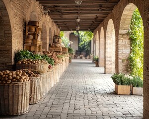 Obraz premium Traditional rural market with clay brick arches and thatched roofing, located in a picturesque countryside setting, rural market, architectural charm